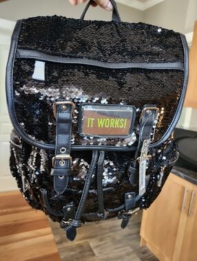 BNWT, Black Sequin Backpack with 'IT WORKS!' Patch.